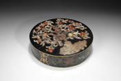 A LACQUER COVER BOX WITH EMBELLISHMENTS
