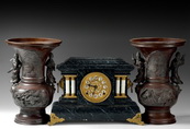 A GILT BRONZE AND SIMULATED MARBLE ALTAIR CLOCK AND A PAIR OF BRONZE VASES