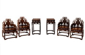 A SET OF FOUR ZITAN HIGH BACK SCROLL FRAME CHAIRS COMPLETED WITH TWO EN SUITE TEA TABLES