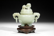 A WHITE JADE CARVED LION CENSER WITH COVER AND STAND