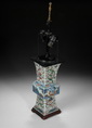 A SQUARE GU WITH UNDERGLAZED BLUE AND WHITE AND WUCAI, PREVIOUSLY DRILLED FOR THE LAMP