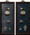 A PAIR OF HANGING PANELS WITH WOOD FRAME AND INSET WITH JADE STONE