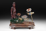 A CLOISONNE AND WOOD CARVED GUANYIN ASSEMBLY