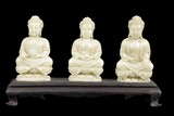 A SET OF THREE SHOUSHAN SOAPSTONE TRIKAYA BUDDHA