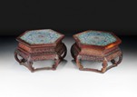 A PAIR OF LARGE CHINESE WOOD STANDS WITH CLOISONNE TOP
