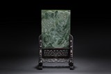 A CARVED SPINACH JADE TABLE SCREEN WITH WOODEN STAND