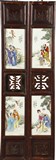 A PAIR OF WOOD HANGING BOARDS INSET WITH ”EIGHT IMMORTALS# PORCELAIN PLAQUES