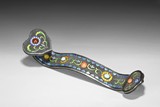 A SILVER CLOISONNE ENAMEL RUYI SCEPTER INSET WITH GEMS