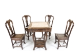 A SET OF FIVE ROSEWOOD CHAIRS AND TABLE WITH MARBLE INSET