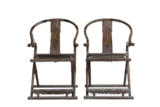 A PAIR OF WOODEN HORSESHOE BACKED CHAIRS