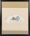 A FRAMED INK AND COLOR ON PAPER FAN LEAF PAINTING