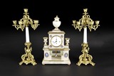 A SET OF FRENCH WHITE MARBLE AND GILT BRONZE CLOCK SET