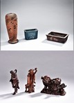 A GROUP OF CERAMICS AND WOOD CARVINGS