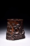 A LARGE SUANZHIWOOD CARVED 'FIGURES AND LANDSCAPE' BRUSH POT
