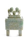 A JADEITE CARVED ARCHAISTIC VESSEL AND COVER