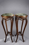 A PAIR OF SPINACH JADE INLAID HARDWOOD STAND