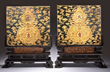 A PAIR OF SPINACH JADE GILT-DECORATED TABLE SCREENS