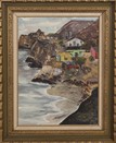 A FRAMED SEA-SIDE VILLAGE PAINTING