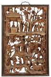 A SET OF FIVE WOOD PANEL CARVINGS