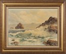 AN OIL PAINTING OF OCEAN WAVES AND ROCKS