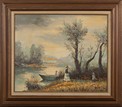 AN OIL PAINTING OF RIVER, BOAT, AND FIGURE