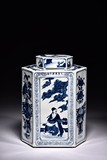 A HEXAGONAL 'FIGURES' BLUE AND WHITE VASE AND COVER