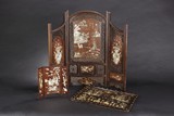 A SET OF ROSEWOOD MOTHER-OF-PEARL SCREENS AND TRAY