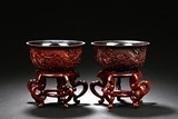 A PAIR OF CINNABAR LACQUER DRAGON BOWL WITH STAND