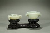 A GROUP OF TWO WHITE JADE CENSERS WITH STAND