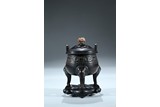AN AGARWOOD CARVED TRIPOD CENSER WITH ZITAN STAND