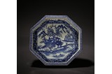 AN OCTAGONAL BLUE AND WHITE LANDSCAPE DISH