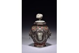 A SILVER WHITE JADE AND CORAL INLAID VASE