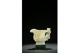 A CHINESE WHITE JADE 'CHILONG' LIBATION CUP WITH STAND