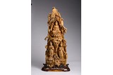 A VERY LARGE AGARWOOD CARVING OF THREE BODHISATTVA