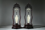 A PAIR OF RETICULATED WHITE JADE HANGING VASES
