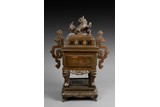 A VERY LARGE BRONZE SILVER INLAID 'STORY SCENE' CENSER WITH STAND