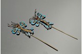 PAIR OF KINGFISHER FEATHER GILT SILVER 'DRAGONFLY' HAIR ORNAMENTS
