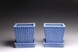 A PAIR OF BLUE GLAZED SQUARE FLOWERPOTS
