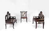 A SET OF THREE ROSEWOOD MARBLE BENCHES AND CHAIR