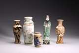 A GROUP OF FOUR PORCELAIN VASES AND WUCAI FIGURE