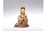 A CHINESE PAINTED SOAPSTONE GUANYIN FIGURE