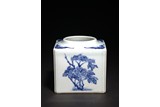 A BLUE AND WHITE 'FLOWERS AND BATS' SQUARE BRUSHPOT