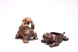 TWO WOOD CARVINGS OF TOAD AND TURTLE