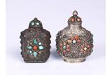 TWO MONGOLIAN SILVER INLAID SNUFF BOTTLES